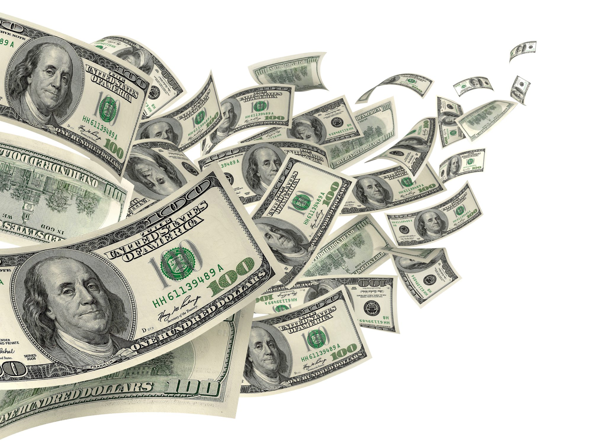 Group of scattered US Dollar one hundred bills moving with wind, isolated on white background with copy space. High resolution, sharp 3D rendering Image.