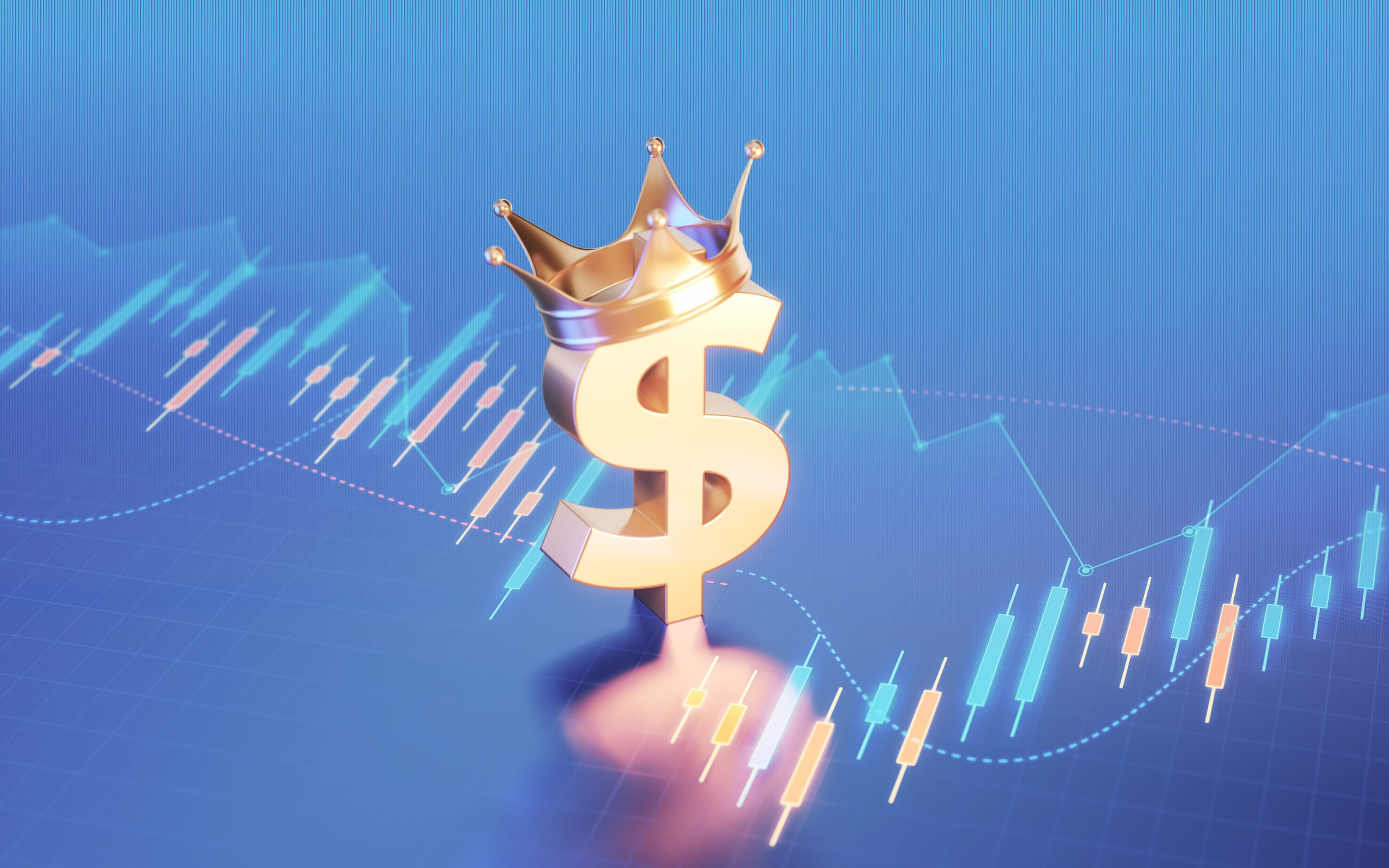 3d render Dollar Symbol &amp; King Crown sitting on Business and Financial and Technical Data Chart (Depth of field)
