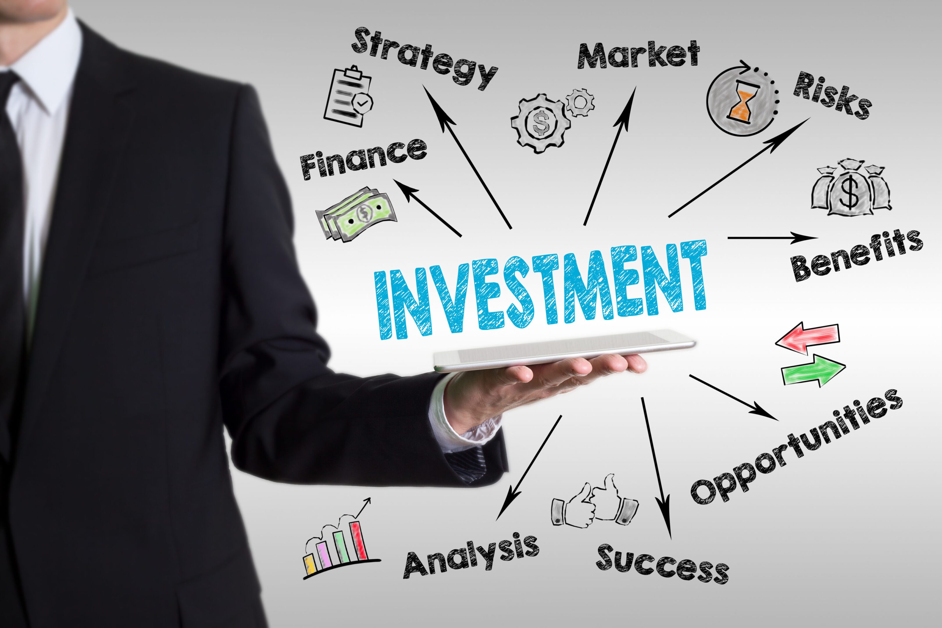 Investment Chart, Concept. Man holding a tablet computer